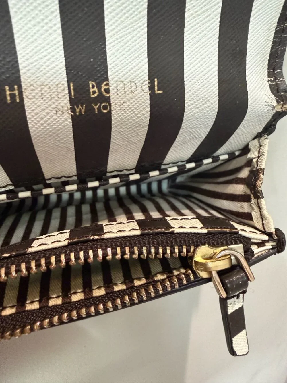 Henri Bendel Centennial Stripe Black White Compact Wallet ID Card Holder